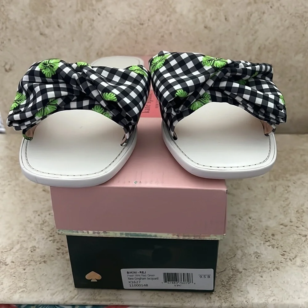 Kate Spade Black & White Gingham Bikini  Bow Slide Sandal Sz 9.5